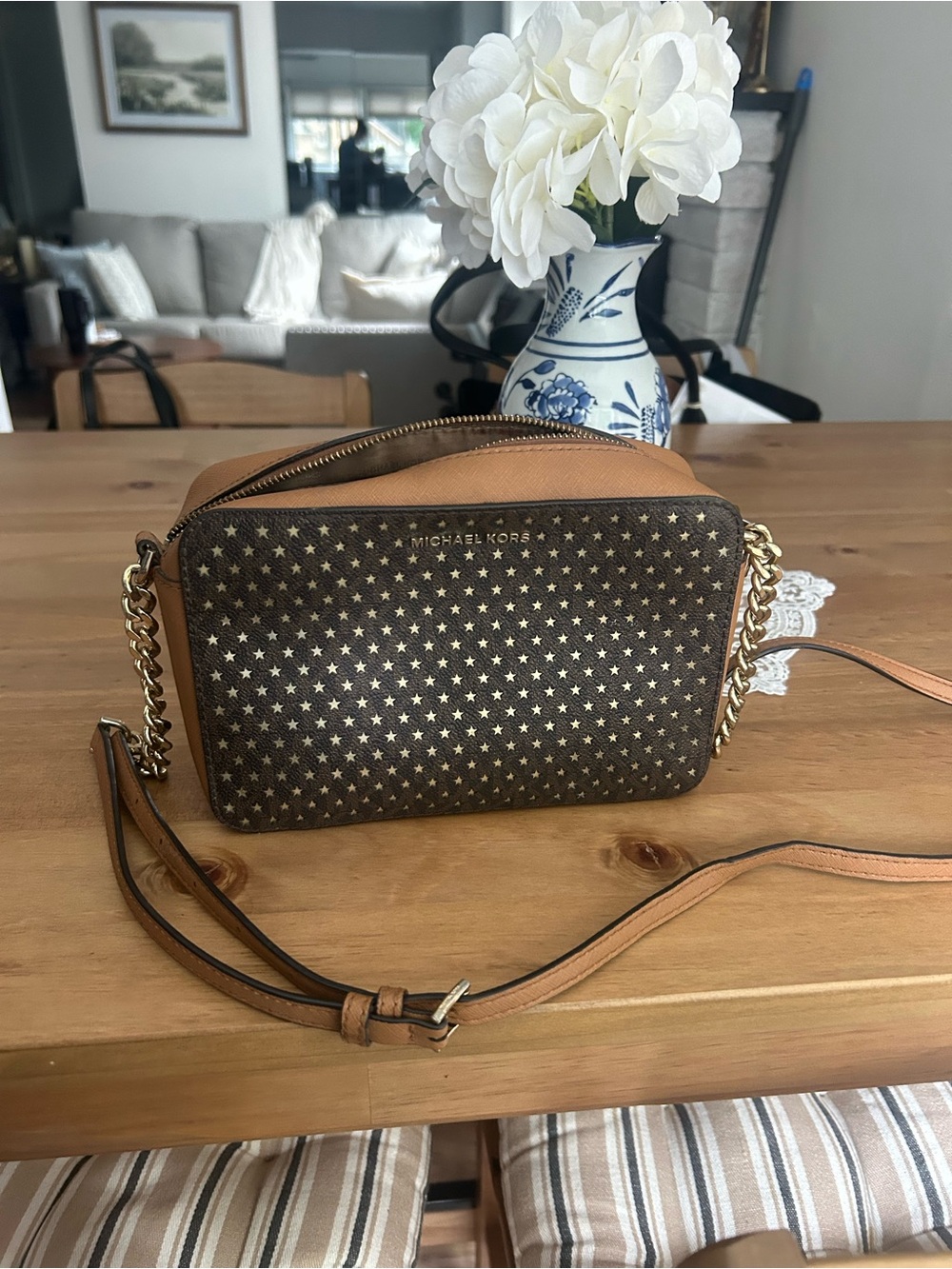 Michael Kors Brown and Tan Star-Print Crossbody Bag